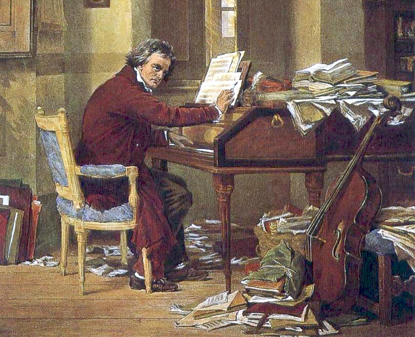 Beethoven writing at piano, papers and books strewn on piano and floor; painting by Schloesser.